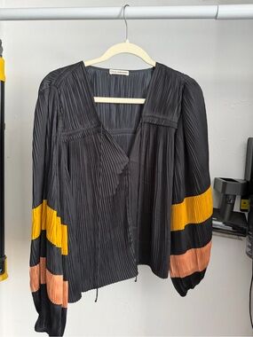 Ulla Johnson Black Pleated V-Neck Blouse with Yellow and Rust Panels